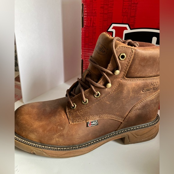 Justin Cowhide Work Boots, Men’s 9EE, Leather, Comp Safety Toe, Brown, NWT - Picture 8 of 12